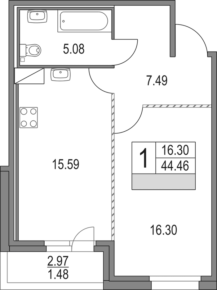 1-комнатная квартира 44.46 м², 2/16 эт., ЖК «Приморский квартал»